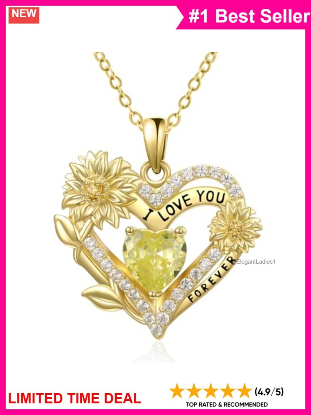 925 Sterling Silver Sunflower Heart Pendant Necklace Crystal Pave 18" Women